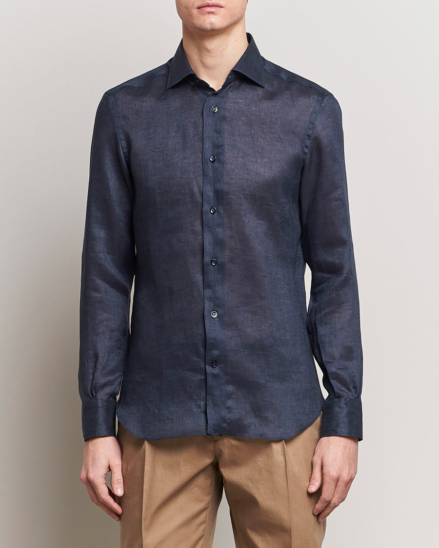 Heren |  | Mazzarelli | Soft Linen Cut Away Shirt Navy