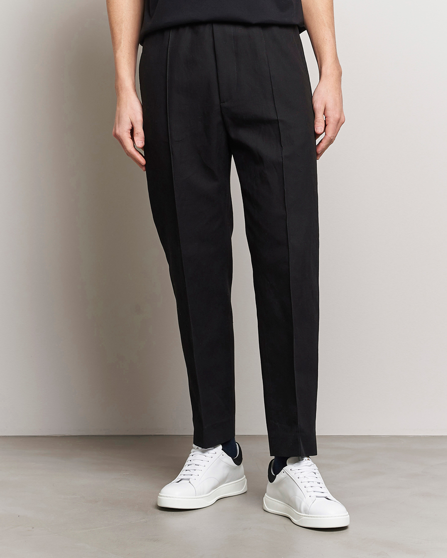Heren | Broeken met trekkoord | Lanvin | Cotton/Linen Drawstring Trousers Black