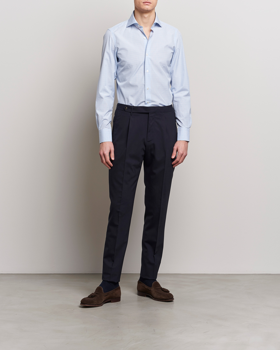 Heren | Italian Department | Finamore Napoli | Milano Slim Checked Dress Shirt Light Blue