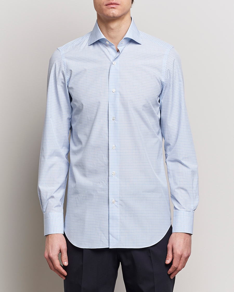 Heren | Overhemden | Finamore Napoli | Milano Slim Checked Dress Shirt Light Blue