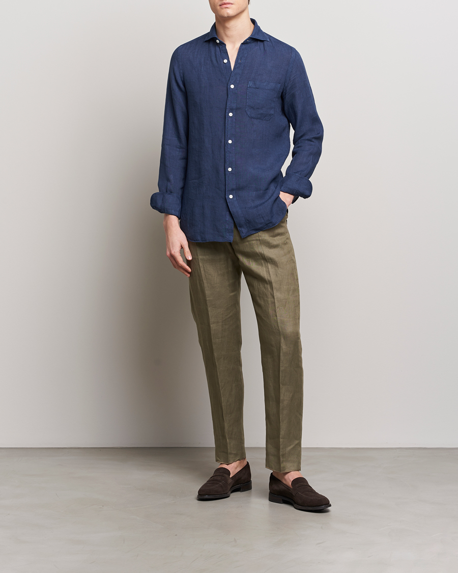 Heren | Overhemden | Finamore Napoli | Gaeta Linen Pocket Shirt Navy