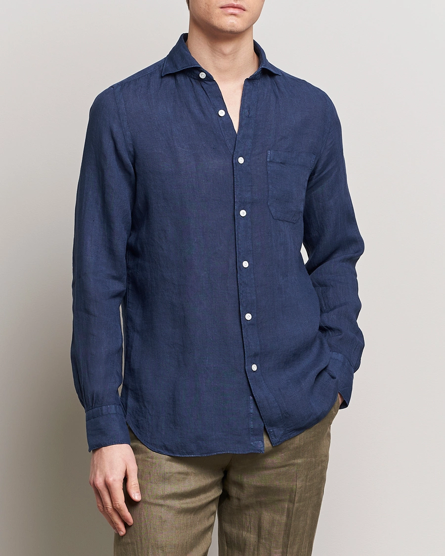 Heren | Linnen overhemden | Finamore Napoli | Gaeta Linen Pocket Shirt Navy