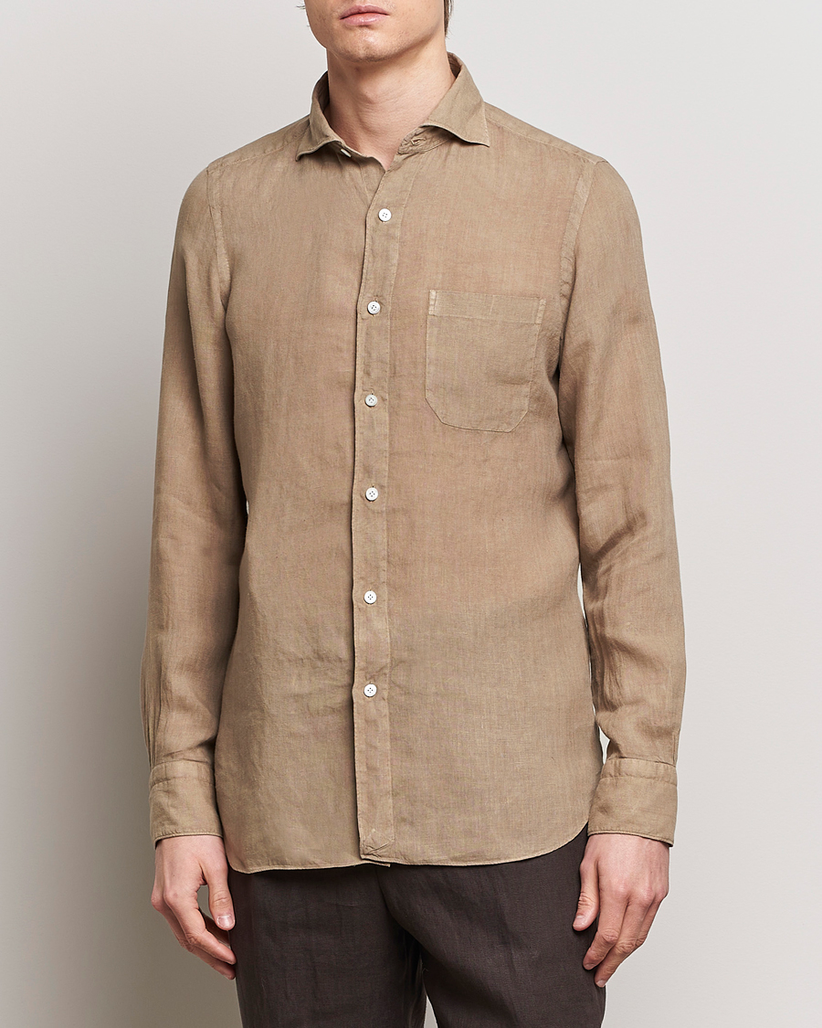 Heren | Italian Department | Finamore Napoli | Gaeta Linen Pocket Shirt Taupe