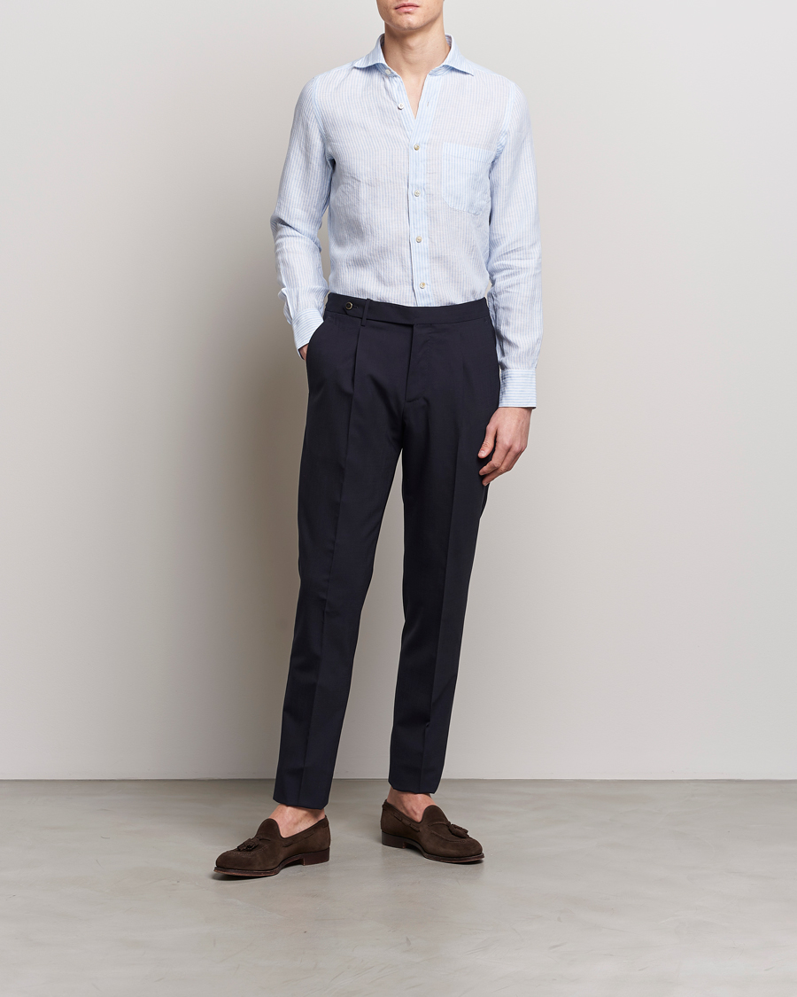 Heren | Overhemden | Finamore Napoli | Gaeta Striped Linen Pocket Shirt Light Blue