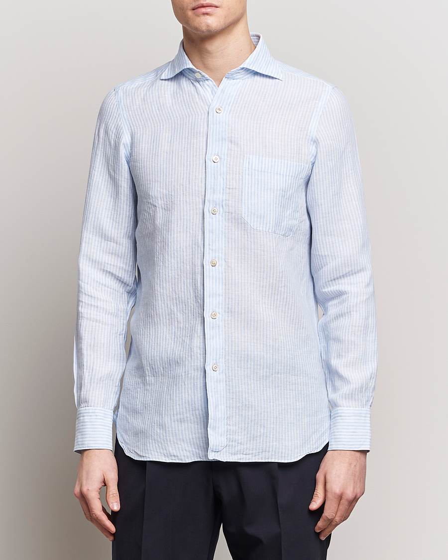 Heren | Linnen overhemden | Finamore Napoli | Gaeta Striped Linen Pocket Shirt Light Blue