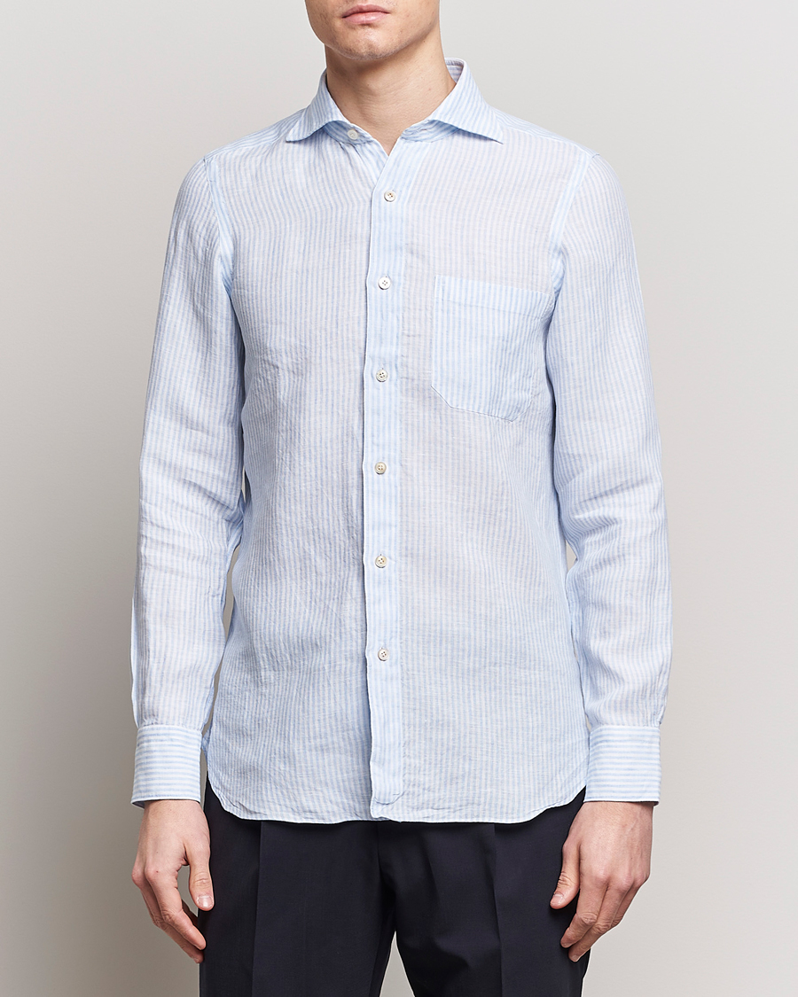 Heren | Italian Department | Finamore Napoli | Gaeta Striped Linen Pocket Shirt Light Blue