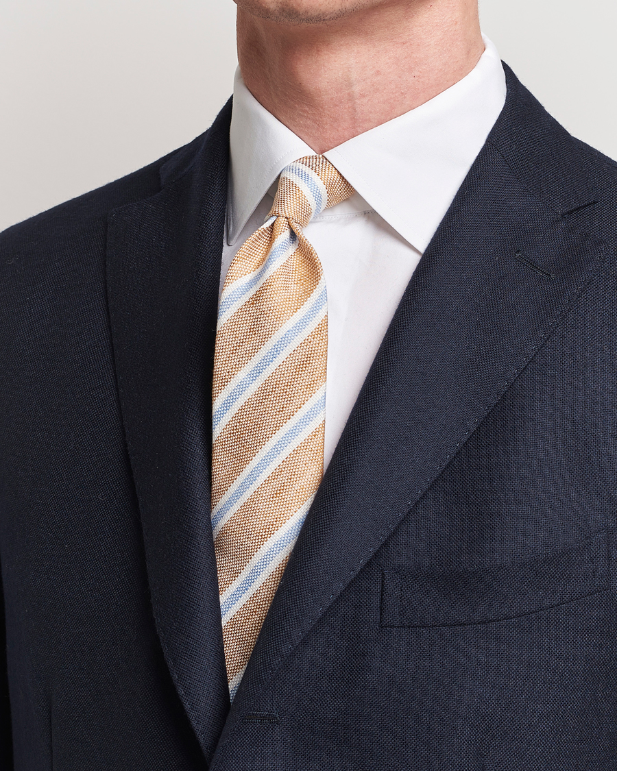 Heren | Accessoires | Finamore Napoli | Regimental Stripe Linen Tie Beige/Blue
