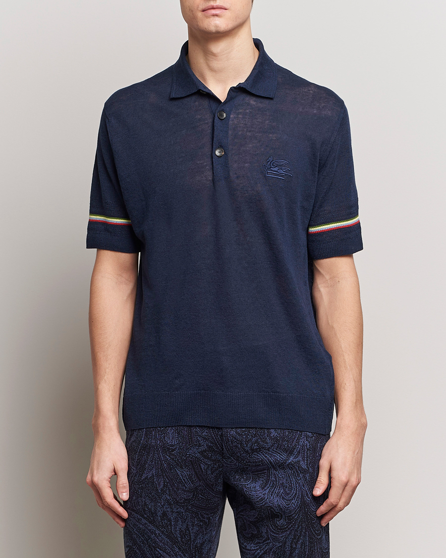 Heren | Poloshirts met korte mouwen | Etro | Knitted Cotton/Linen Polo Navy