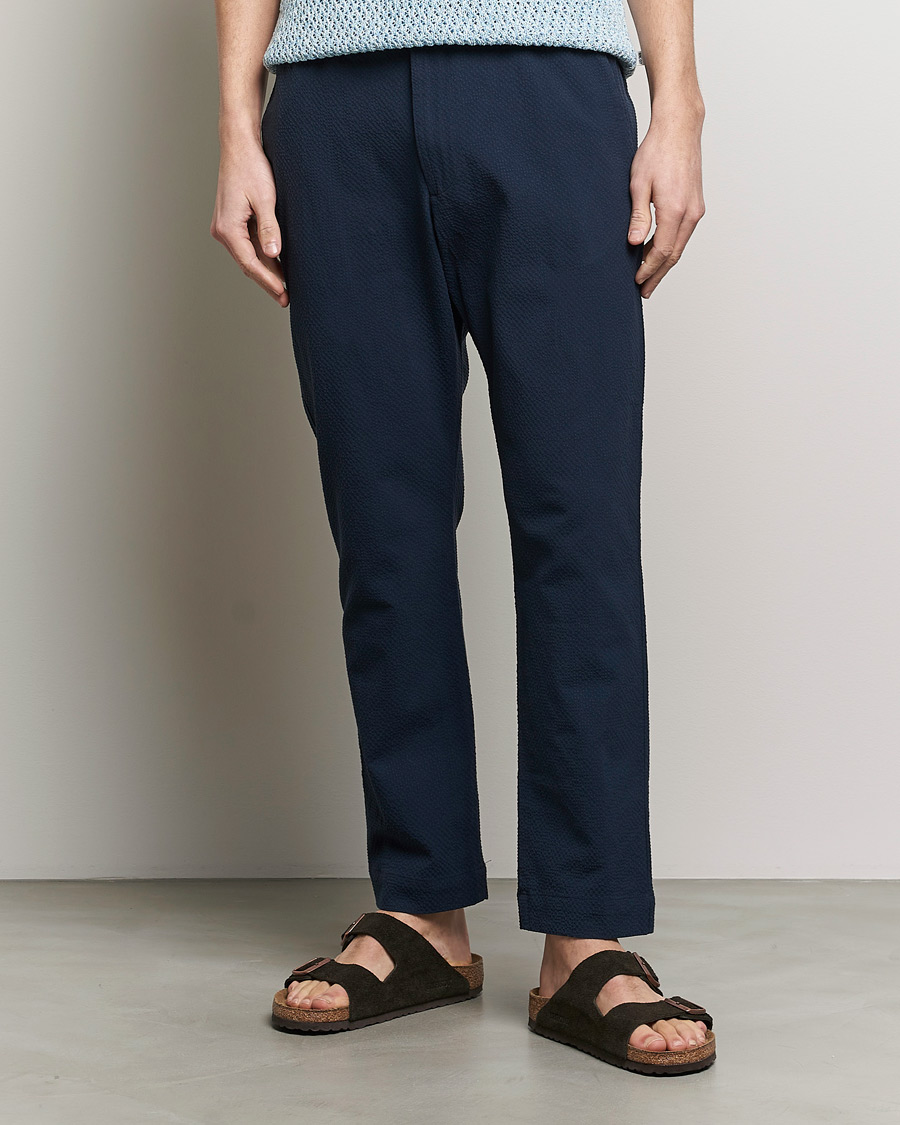 Men | Drawstring Trousers | NN07 | Billie Seersucker Drawstring Trousers Navy Blue