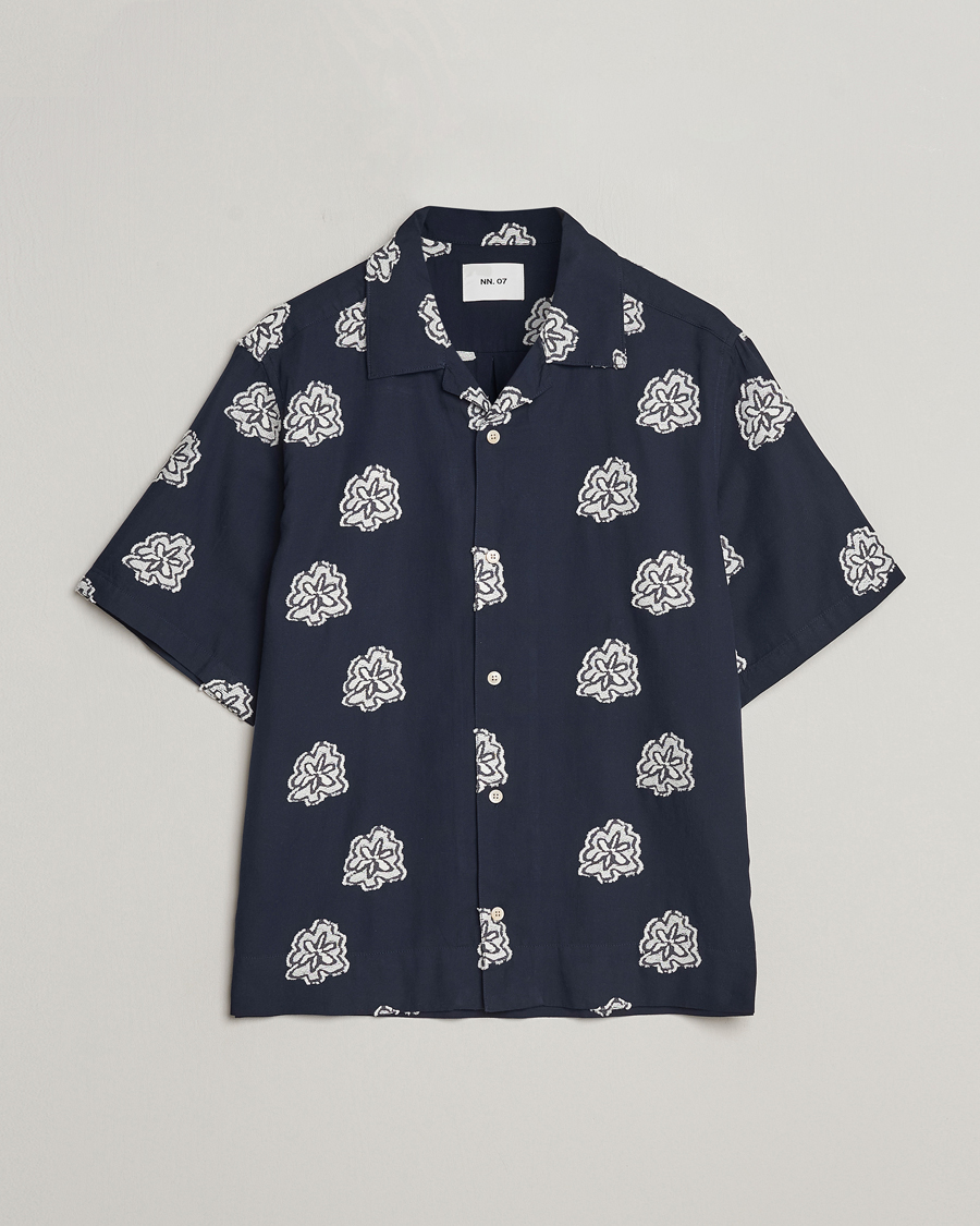 Heren | Overhemden | NN07 | Leo Printed Short Sleeve Shirt Navy Blue