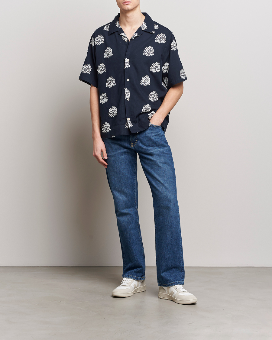 Heren | Overhemden | NN07 | Leo Printed Short Sleeve Shirt Navy Blue