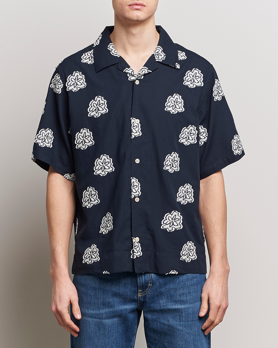 Heren | Overhemden | NN07 | Leo Printed Short Sleeve Shirt Navy Blue