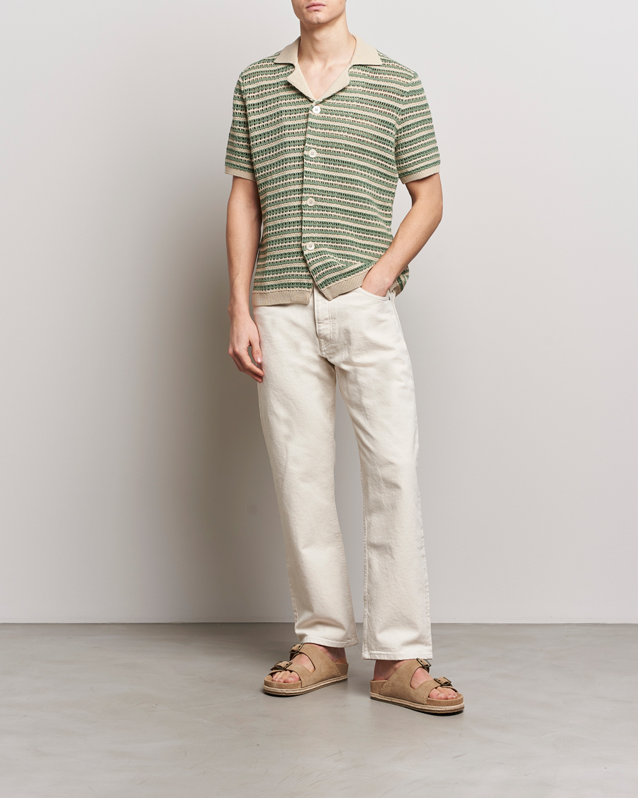 Heren | Overhemden | NN07 | Henry Knitted Striped Short Shleeve Shirt Ecru/Green