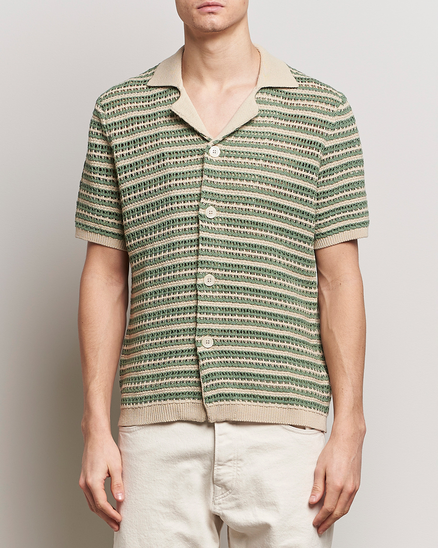 Heren | Overhemden | NN07 | Henry Knitted Striped Short Shleeve Shirt Ecru/Green