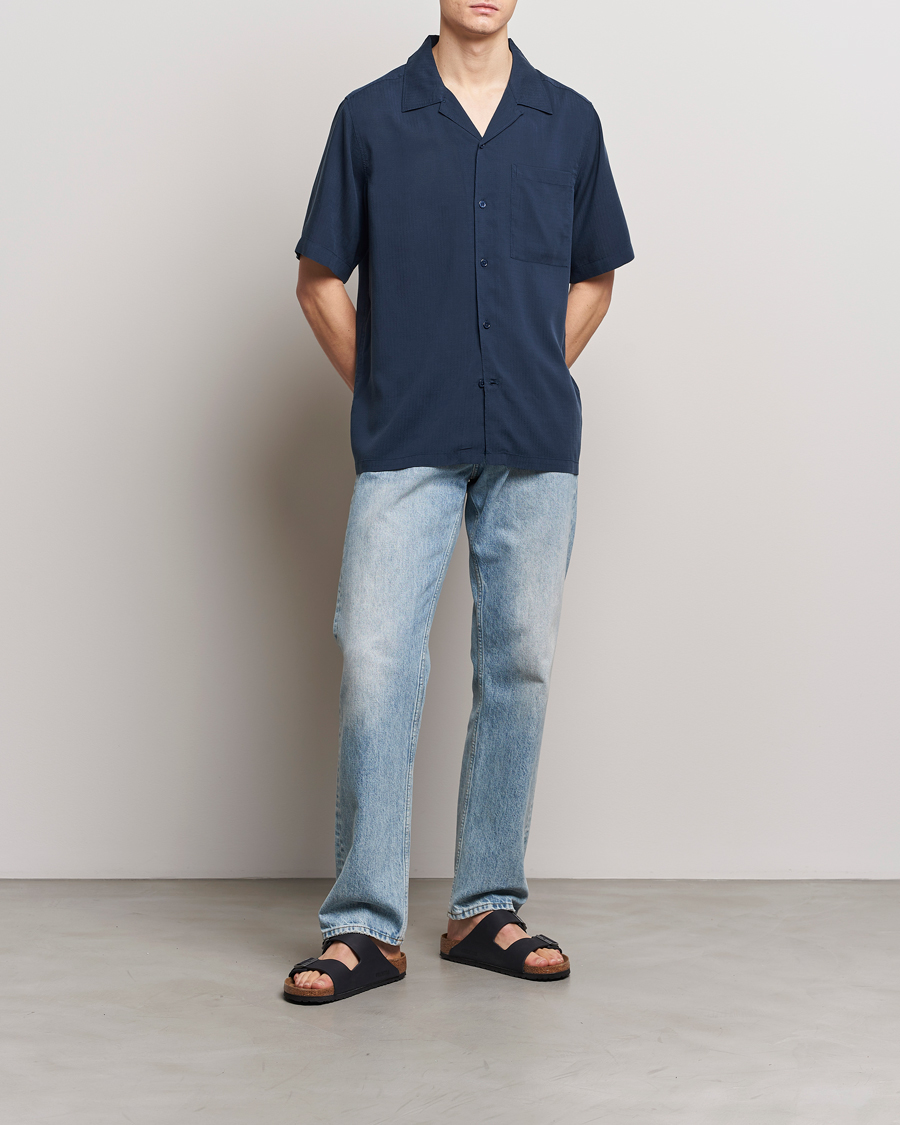 Heren | Overhemden | NN07 | Julio Ripstop Short Sleeve Shirt Navy Blue