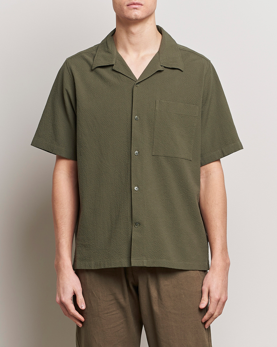 Heren | Overhemden met korte mouwen | NN07 | Julio Seersucker Short Sleeve Shirt Capers Green