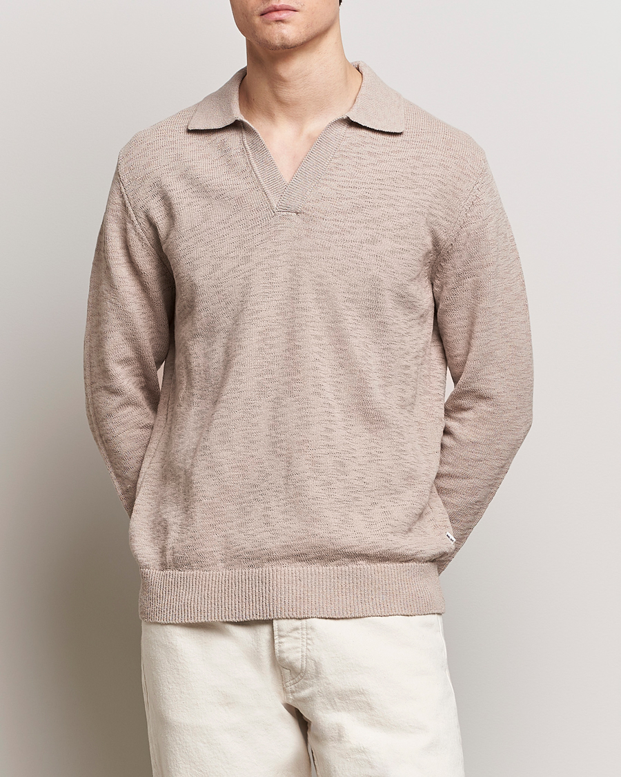 Heren |  | NN07 | Ryan Long Sleeve Open Collar Knitted Polo Khaki Stone