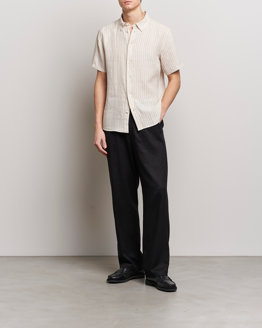 Heren | Overhemden | LES DEUX | Kris Linen Striped Short Sleeve Shirt Sand/Ivory