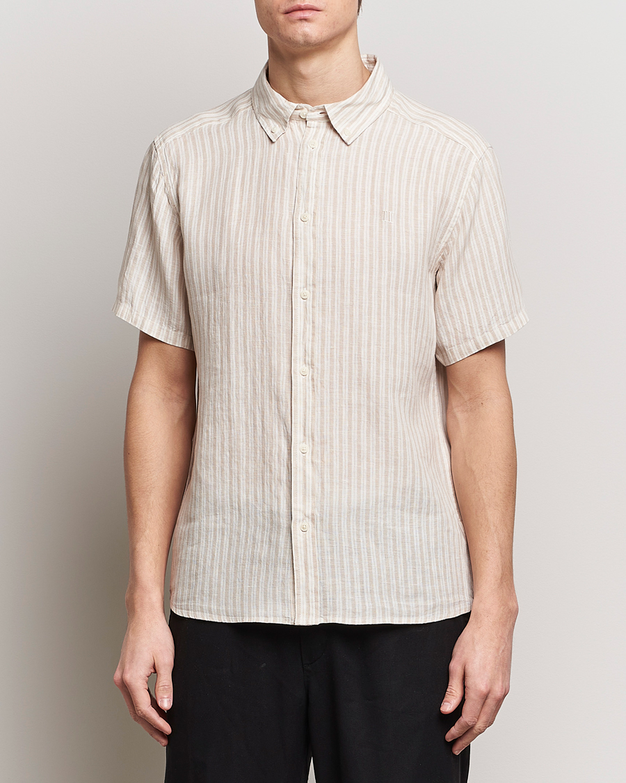 Heren | LES DEUX | LES DEUX | Kris Linen Striped Short Sleeve Shirt Sand/Ivory