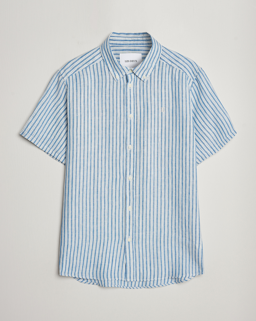 Heren | Overhemden | LES DEUX | Kris Linen Striped Short Sleeve Shirt Blue/Ivory