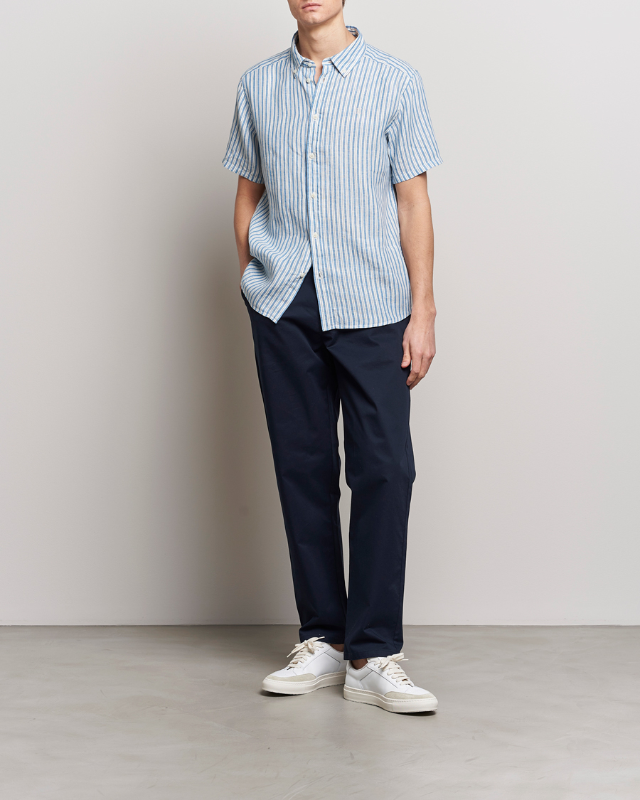 Heren | Overhemden | LES DEUX | Kris Linen Striped Short Sleeve Shirt Blue/Ivory