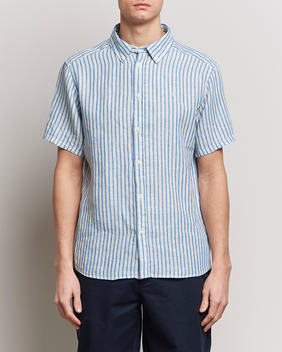 Heren |  | LES DEUX | Kris Linen Striped Short Sleeve Shirt Blue/Ivory