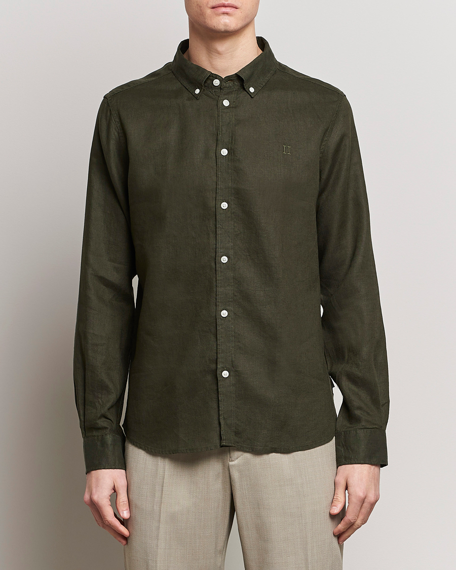 Heren | Linnen overhemden | LES DEUX | Kristian Linen Button Down Shirt Olive Night