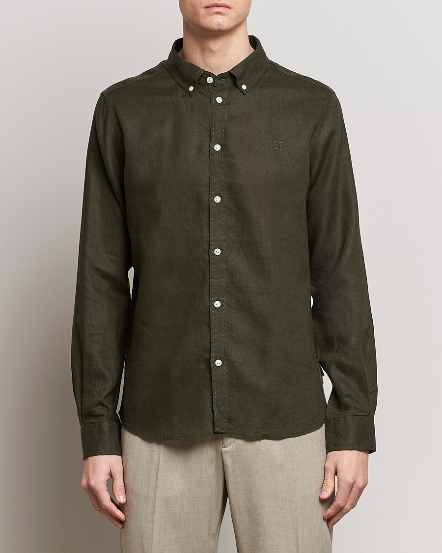 Heren | LES DEUX | LES DEUX | Kristian Linen Button Down Shirt Olive Night