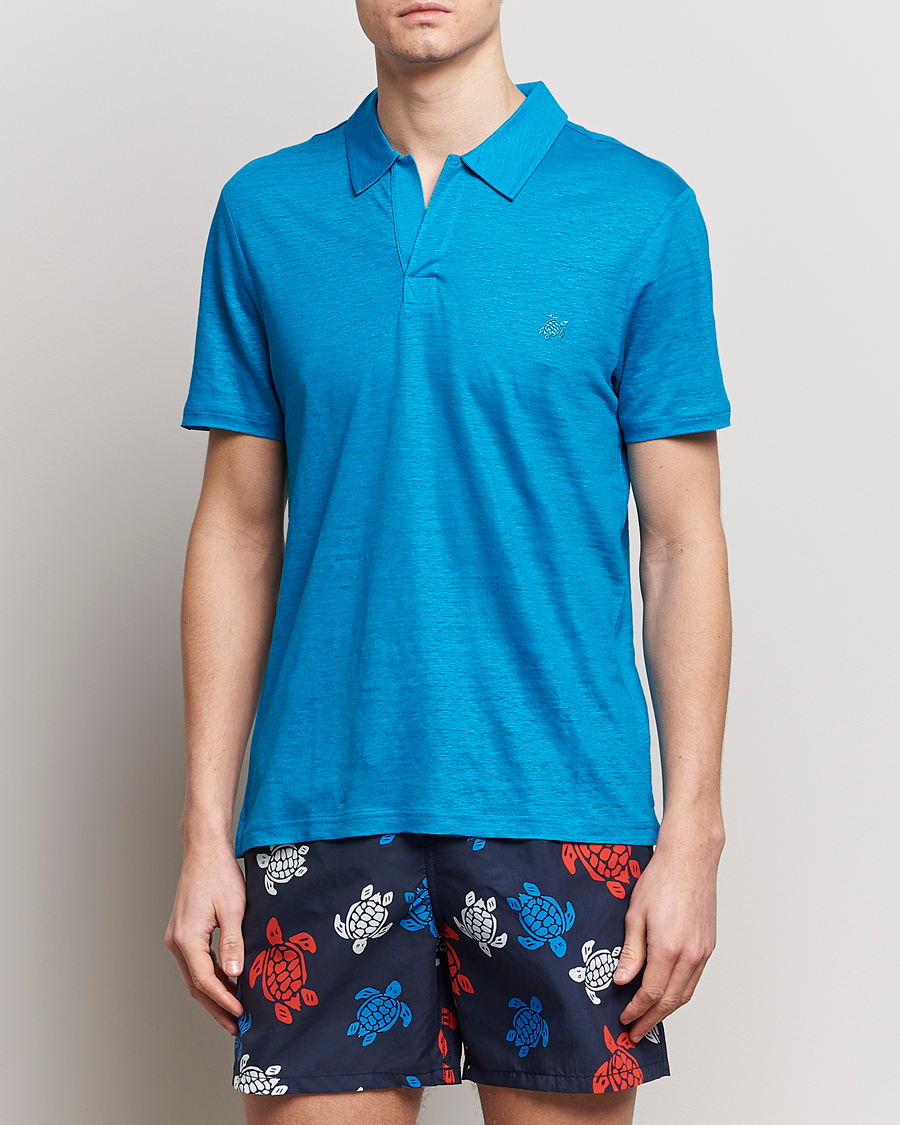 Heren | Poloshirts met korte mouwen | Vilebrequin | Pyramid Linen Jersey Polo Bleu Hawaii