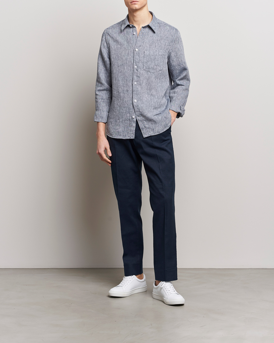 Heren | Overhemden | J.Lindeberg | Slim Fit Linen Melange Shirt Navy