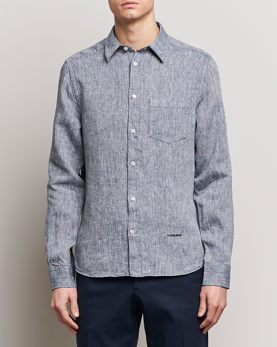 Heren | Overhemden | J.Lindeberg | Slim Fit Linen Melange Shirt Navy