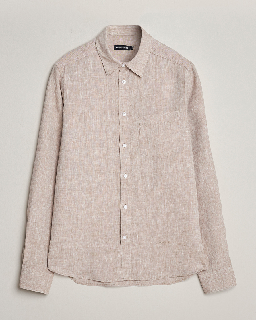 Heren | Overhemden | J.Lindeberg | Slim Fit Linen Melange Shirt Batique Khaki
