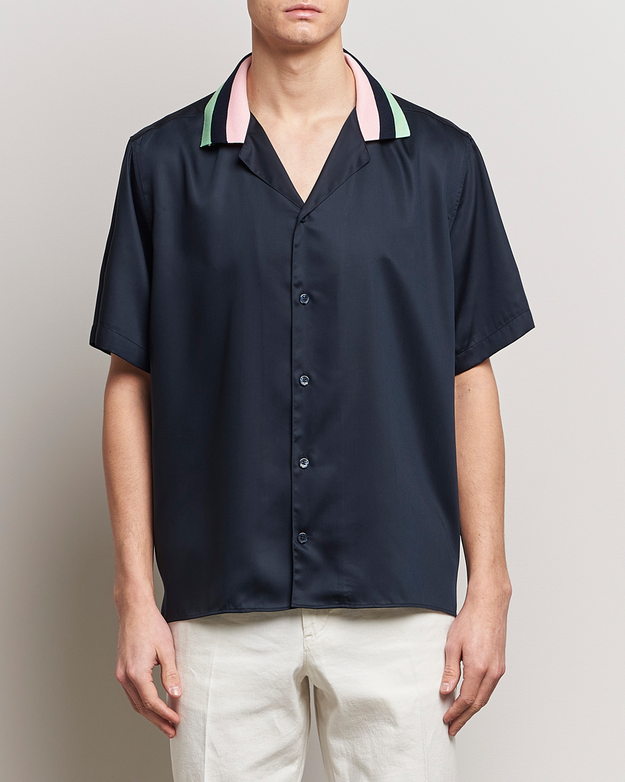 Heren | Overhemden | J.Lindeberg | Skala Knit Collar Tencel Shirt Navy