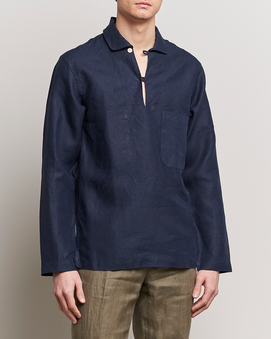 Heren | Overhemden | Drake's | Marine Linen Smock Navy