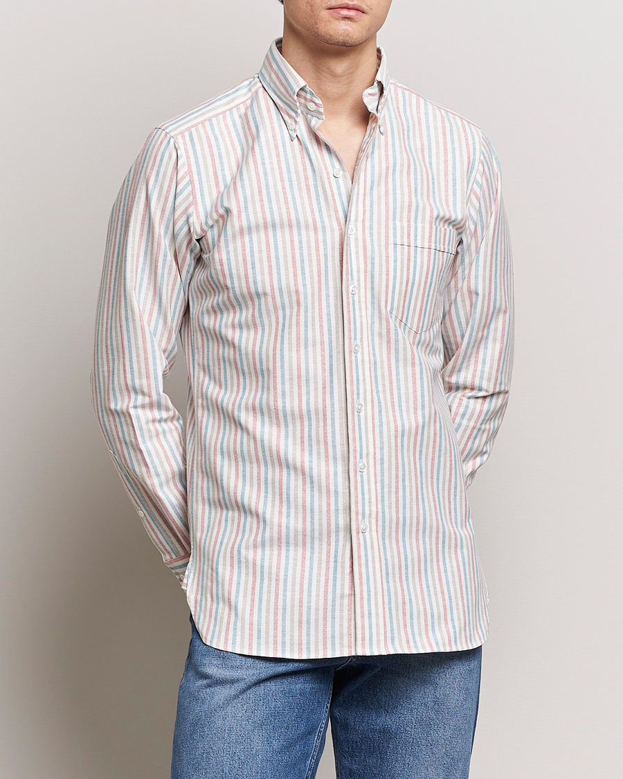 Heren | Overhemden | Drake's | Thin Tripple Stripe Oxford Shirt White
