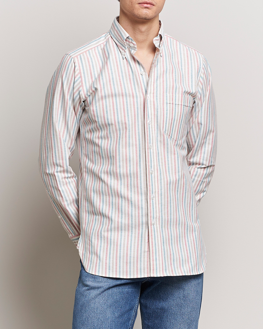 Heren | Casual | Drake's | Thin Tripple Stripe Oxford Shirt White