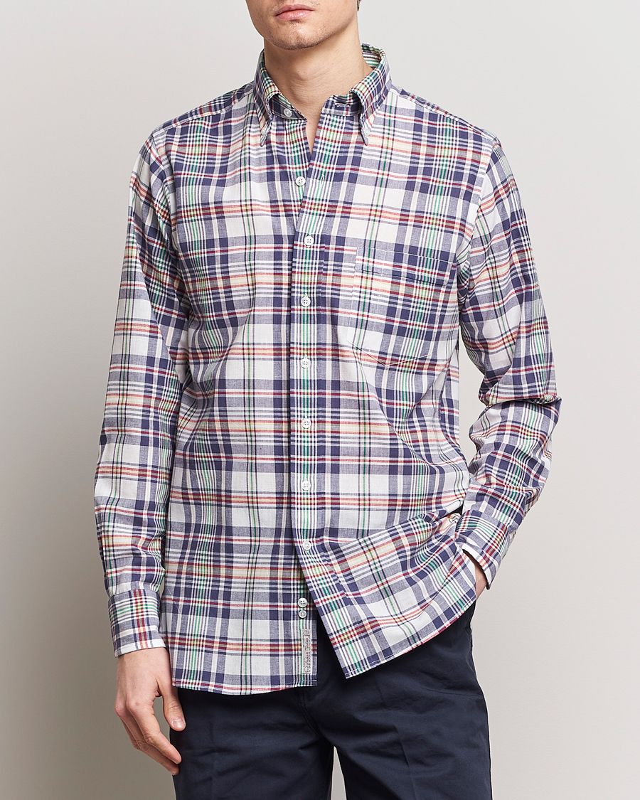 Heren | Preppy Authentic | Drake's | Madras Checked Linen Button Down Shirt Navy