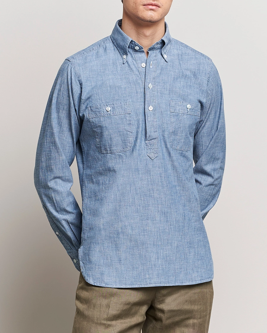 Heren | Spijker overhemden | Drake's | Chambray Popover Work Shirt Blue