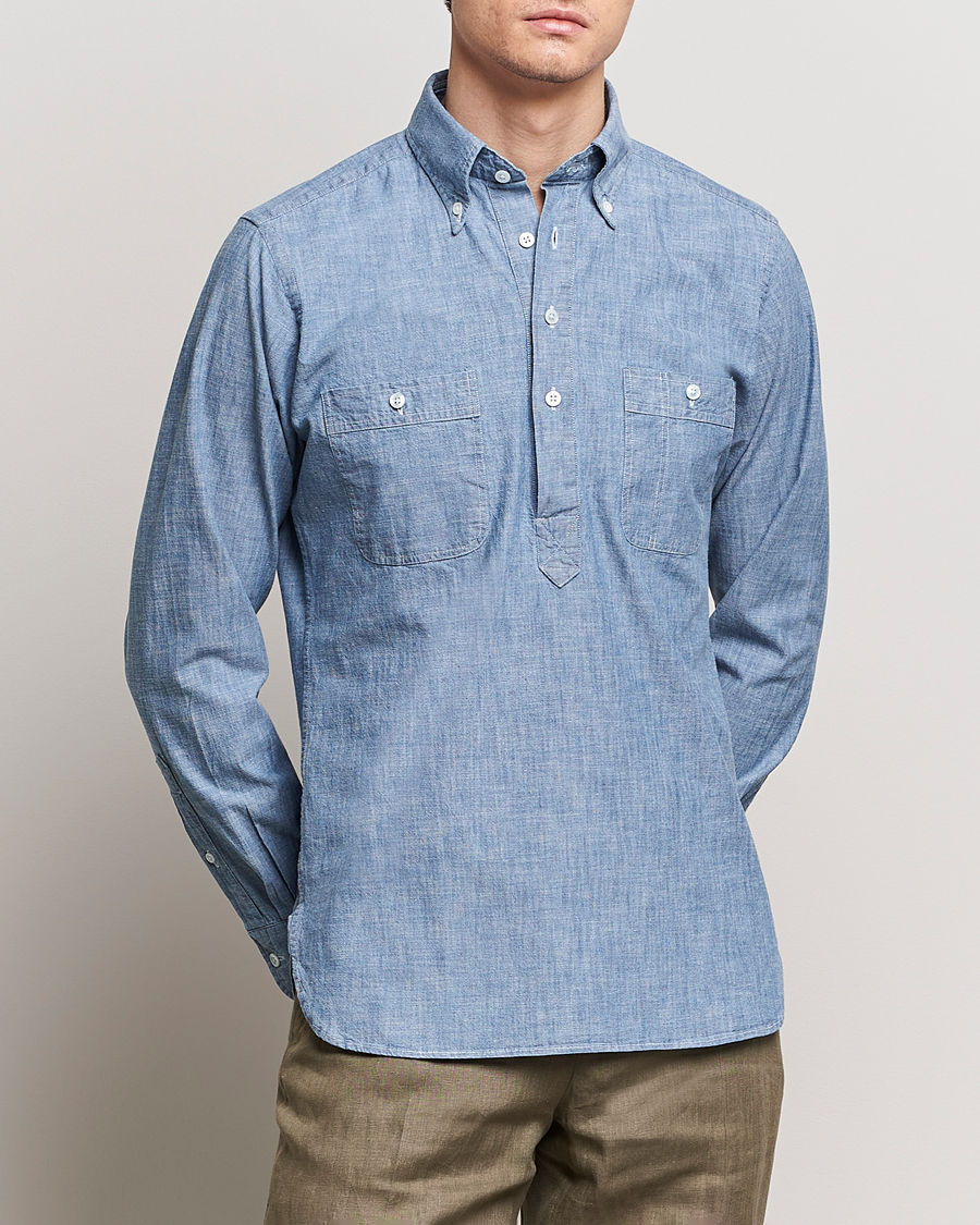 Heren | Preppy Authentic | Drake's | Chambray Popover Work Shirt Blue