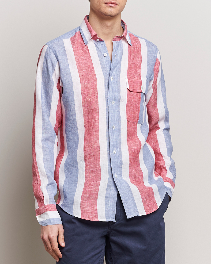 Heren | Casual | Drake's | Thick Stripe Linen Shirt Red/Blue
