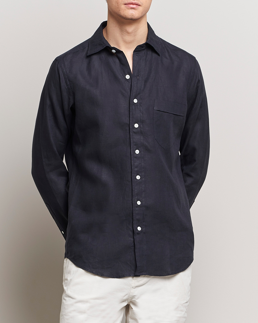 Heren | Best of British | Drake's | Linen Summer Shirt Navy