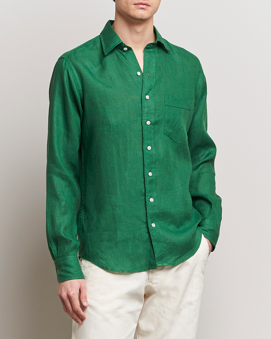 Heren | Preppy Authentic | Drake's | Linen Summer Shirt Green