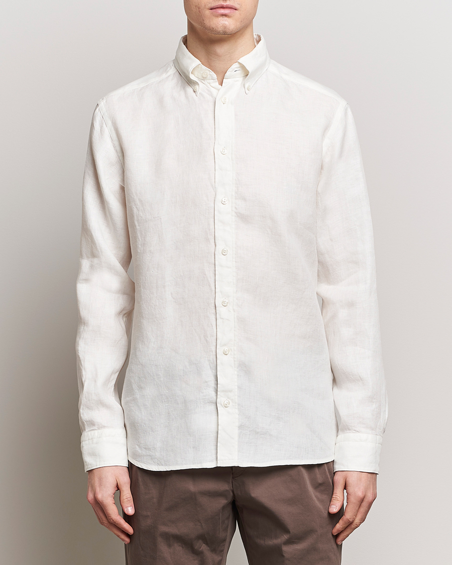 Heren | Business & Beyond | Eton | Slim Fit Linen Button Down Shirt White