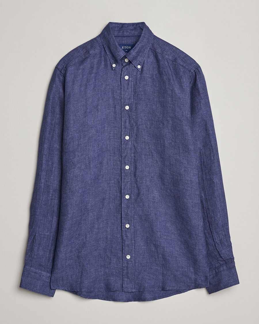 Heren | Overhemden | Eton | Slim Fit Linen Button Down Shirt Navy Blue