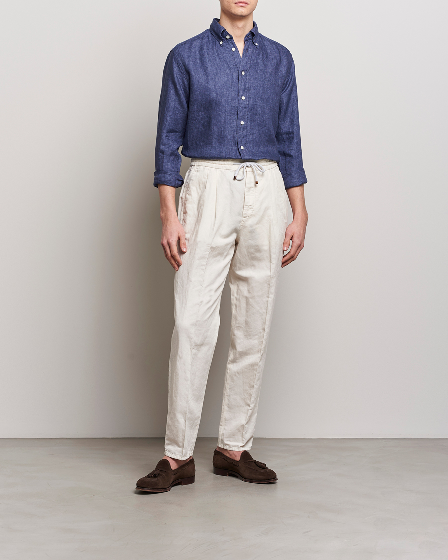 Heren | Overhemden | Eton | Slim Fit Linen Button Down Shirt Navy Blue
