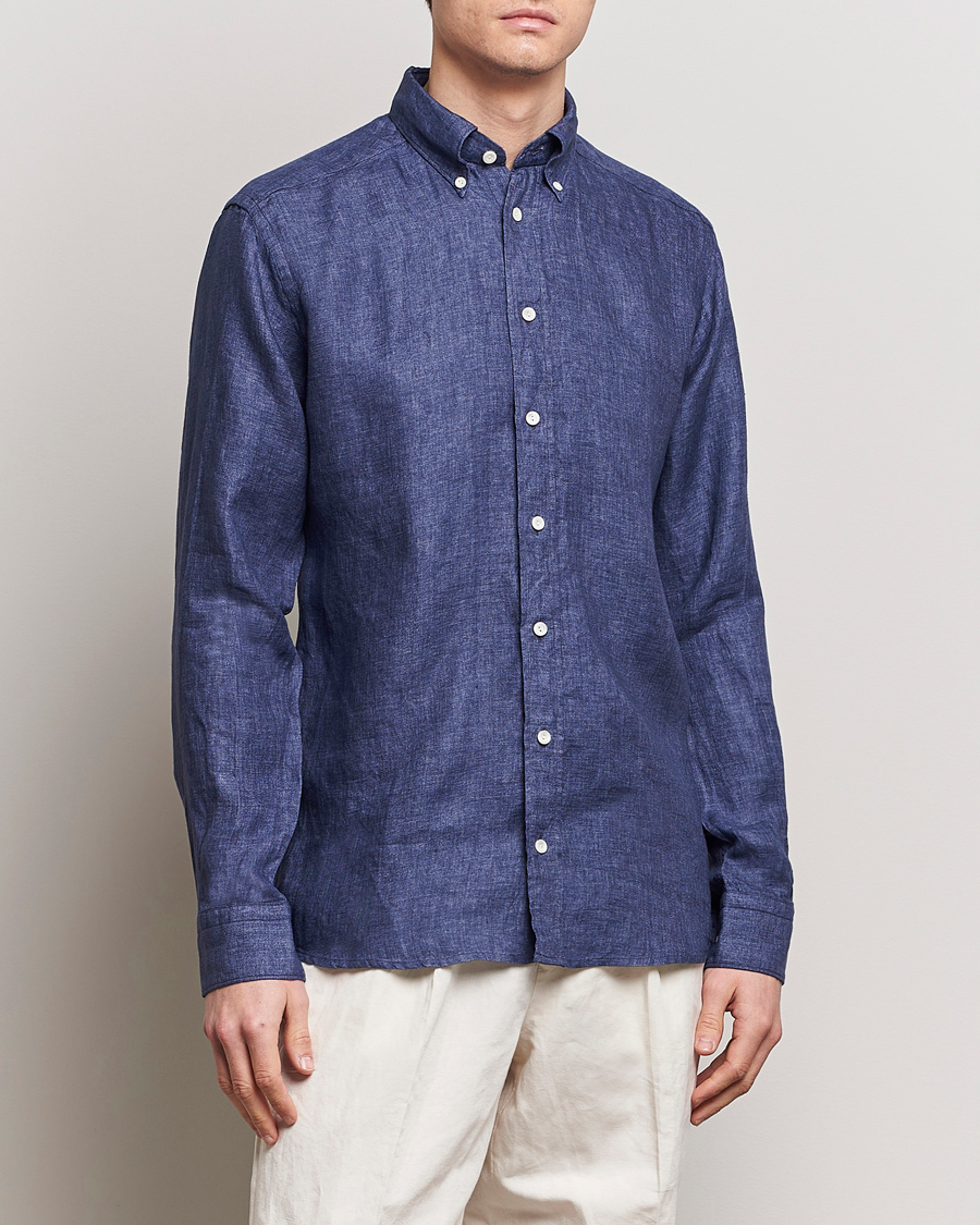 Heren | Business & Beyond | Eton | Slim Fit Linen Button Down Shirt Navy Blue