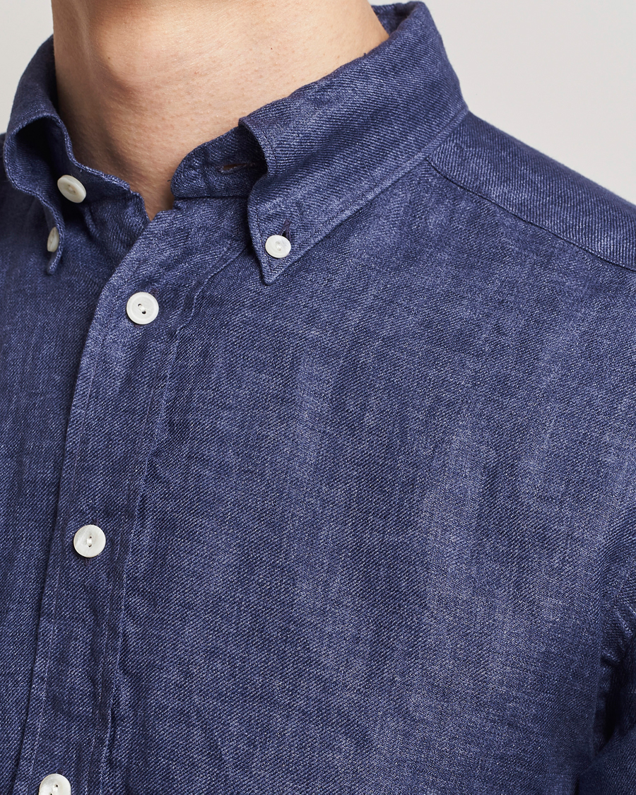 Heren | Overhemden | Eton | Slim Fit Linen Button Down Shirt Navy Blue