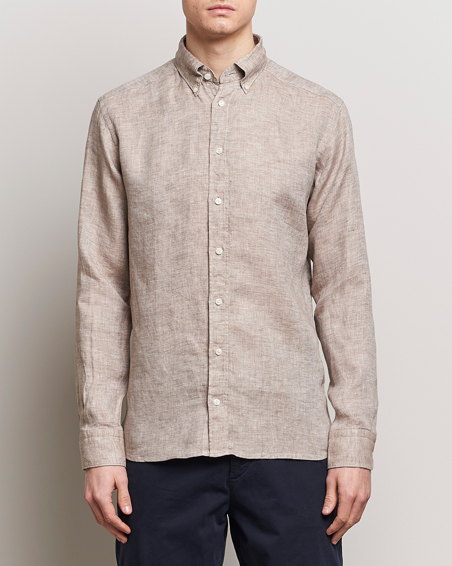 Heren |  | Eton | Slim Fit Linen Button Down Shirt Brown