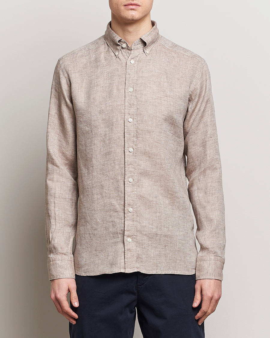 Heren | Business & Beyond | Eton | Slim Fit Linen Button Down Shirt Brown