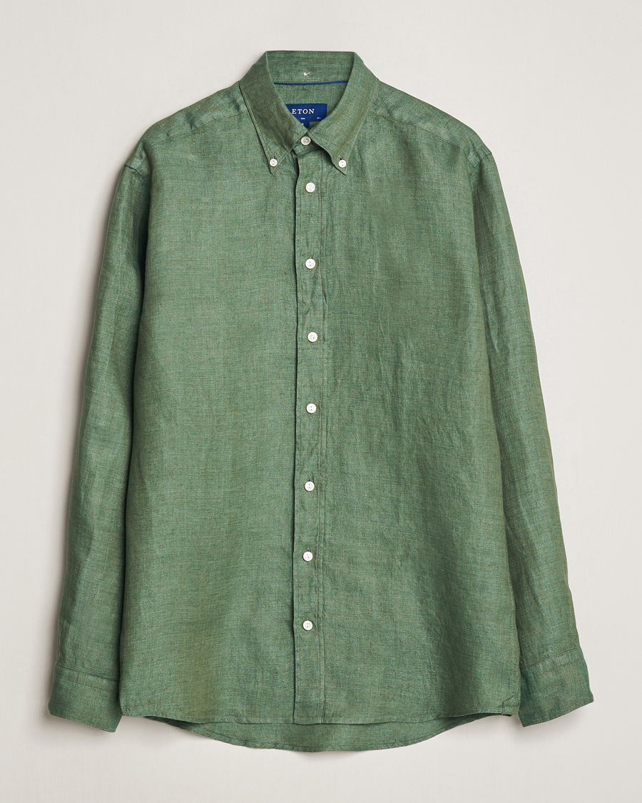 Heren | Overhemden | Eton | Slim Fit Linen Button Down Shirt Dark Green